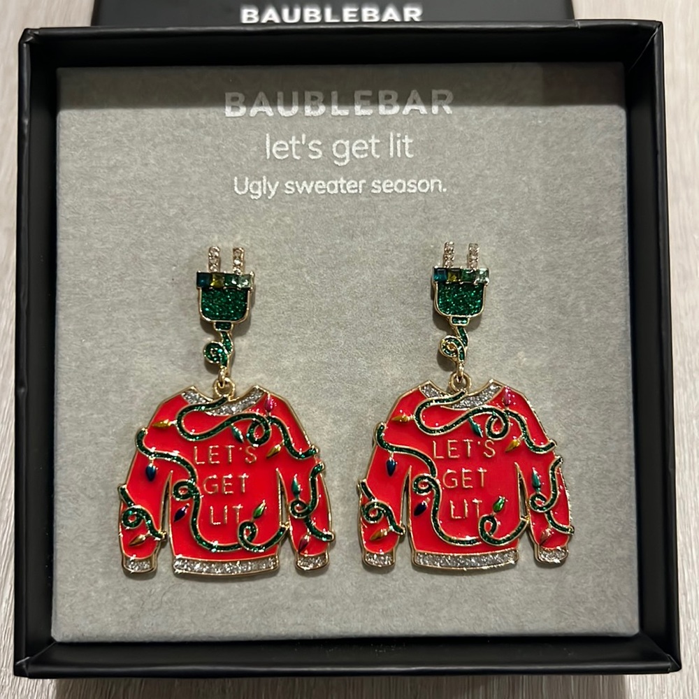 NIB Baublebar Let’s Get Lit Ugly Sweater Christmas Earrings